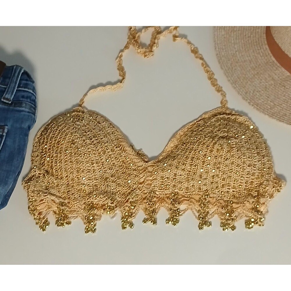 Handmade Gold Sequin Crochet Bralette – Boho Festival Bikini Top – Size S